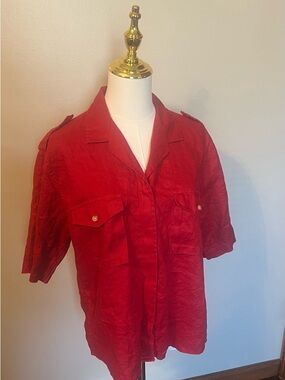 Lauren Ralph Lauren Ladies 100% Linen Button Up Size Medium Red Utilitarian